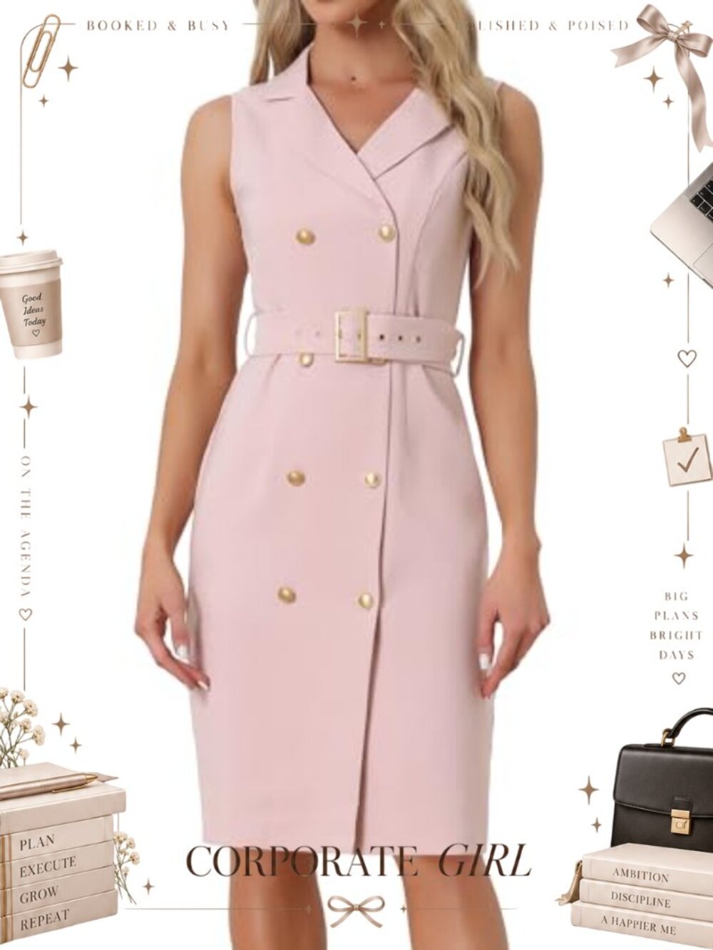 Sleeveless Blazer Dress Double Breasted Button Down Work Office